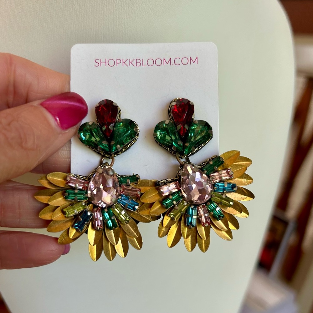 Multicolor Rhinestone Gem Floral Statement Earrings - Gold, Green, Red, Pink